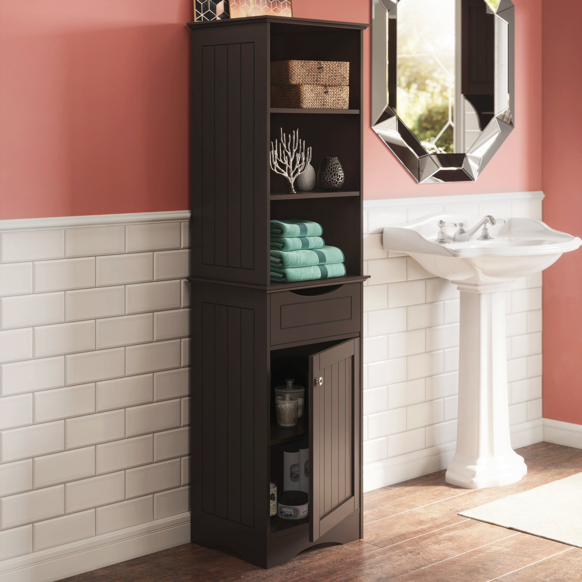 Bath Tall Linen Cabinet Tower Bathroom W Drawer Bath Storage Display Black W Baskets Bathroom Cabinets