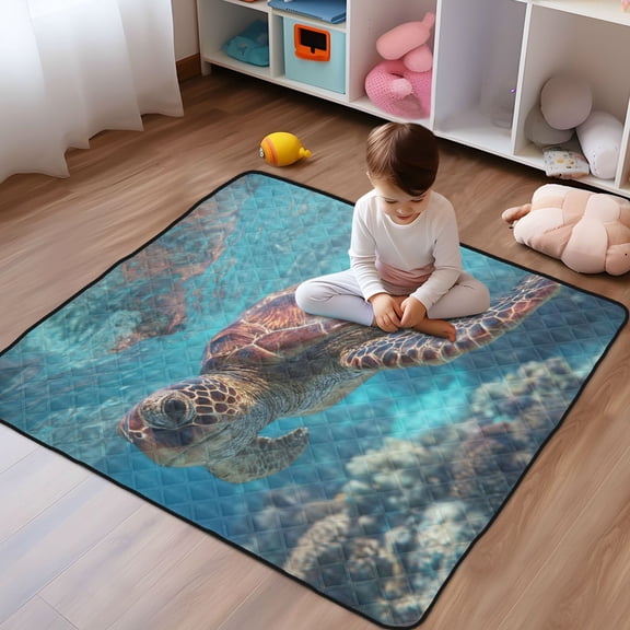WOBOGO Sea Turtle Baby Playmats Extra Large Waterproof Rollable Activity Pads for Toddlers 50×50inch