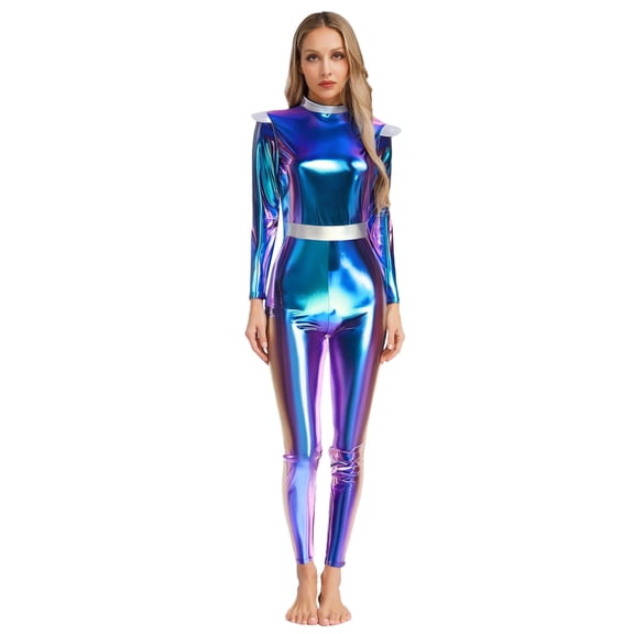 Haitryli Womens Alien Outer Space Outfits Turtleneck Long Sleeve Jumpsuits Club Party Rave Outfits Blue S