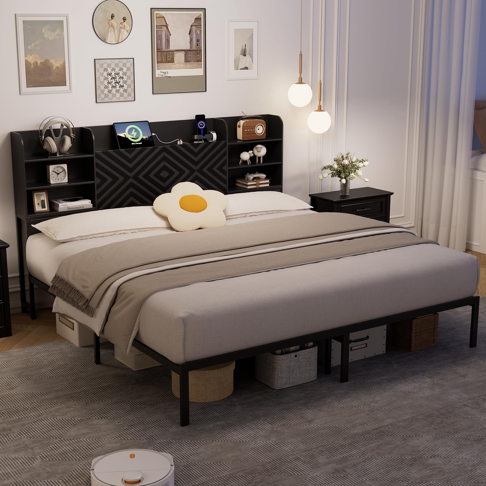 Farmhouse King Size Bed Frame with Move Storage Headboard & 2 Drawers, Platform Bed Frame with 3-in-1 Charging Station, Upholstered Bed Frames with Metal Slats Support