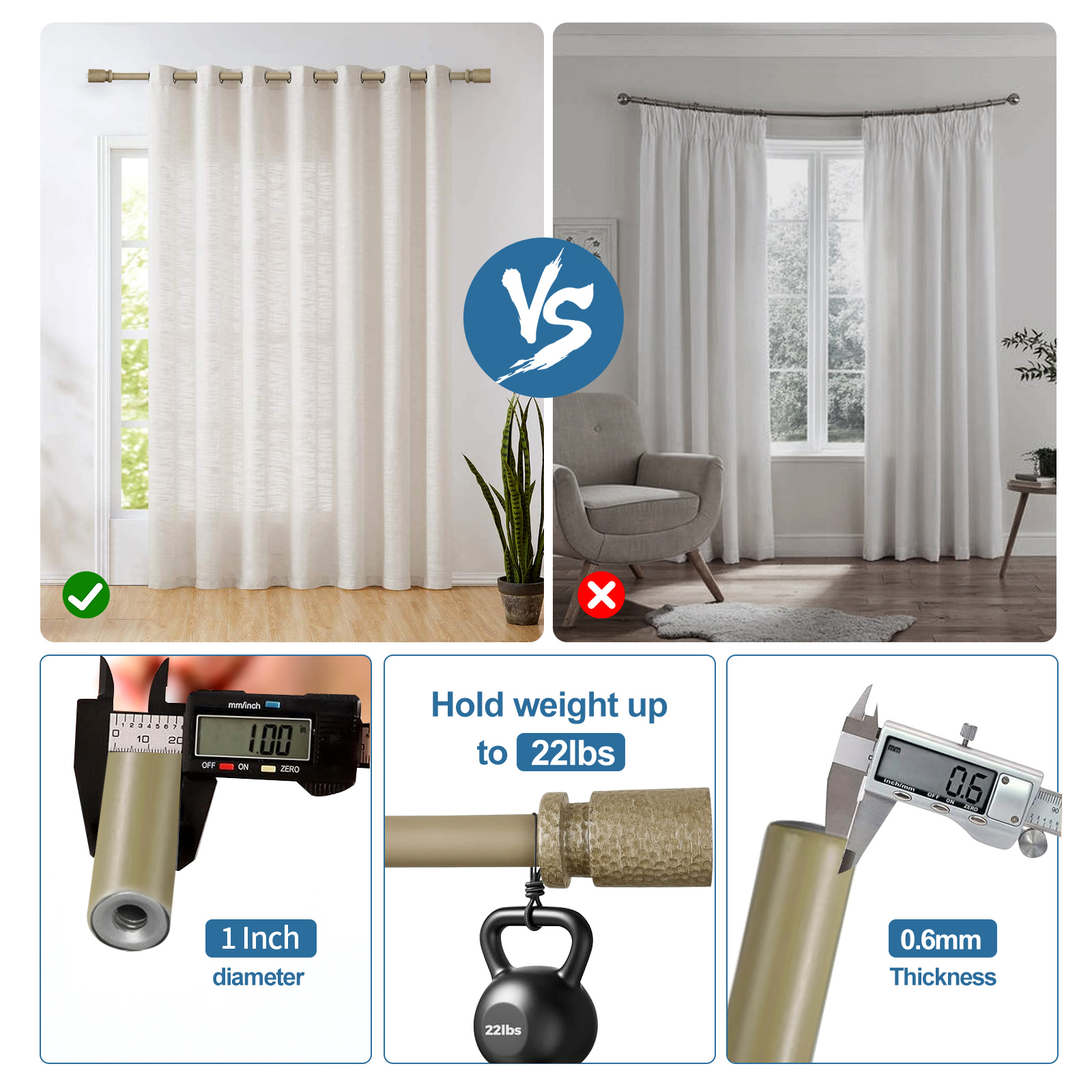 Urbanest 1" Hammered Adjustable Curtain Rod with Designer Finials — Heavy-Duty Metal Telescoping Rod, Easy Install, 28"–48″, Cottage Beige