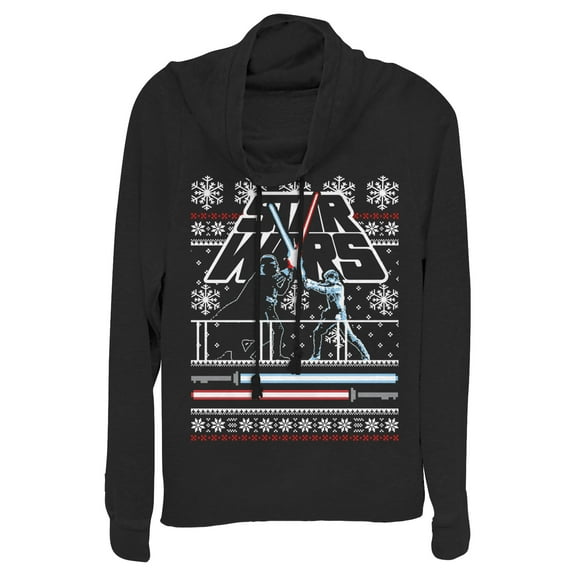Junior's Star Wars Ugly Christmas Light Saber Battle Cowl Neck Sweatshirt Black 2X Large