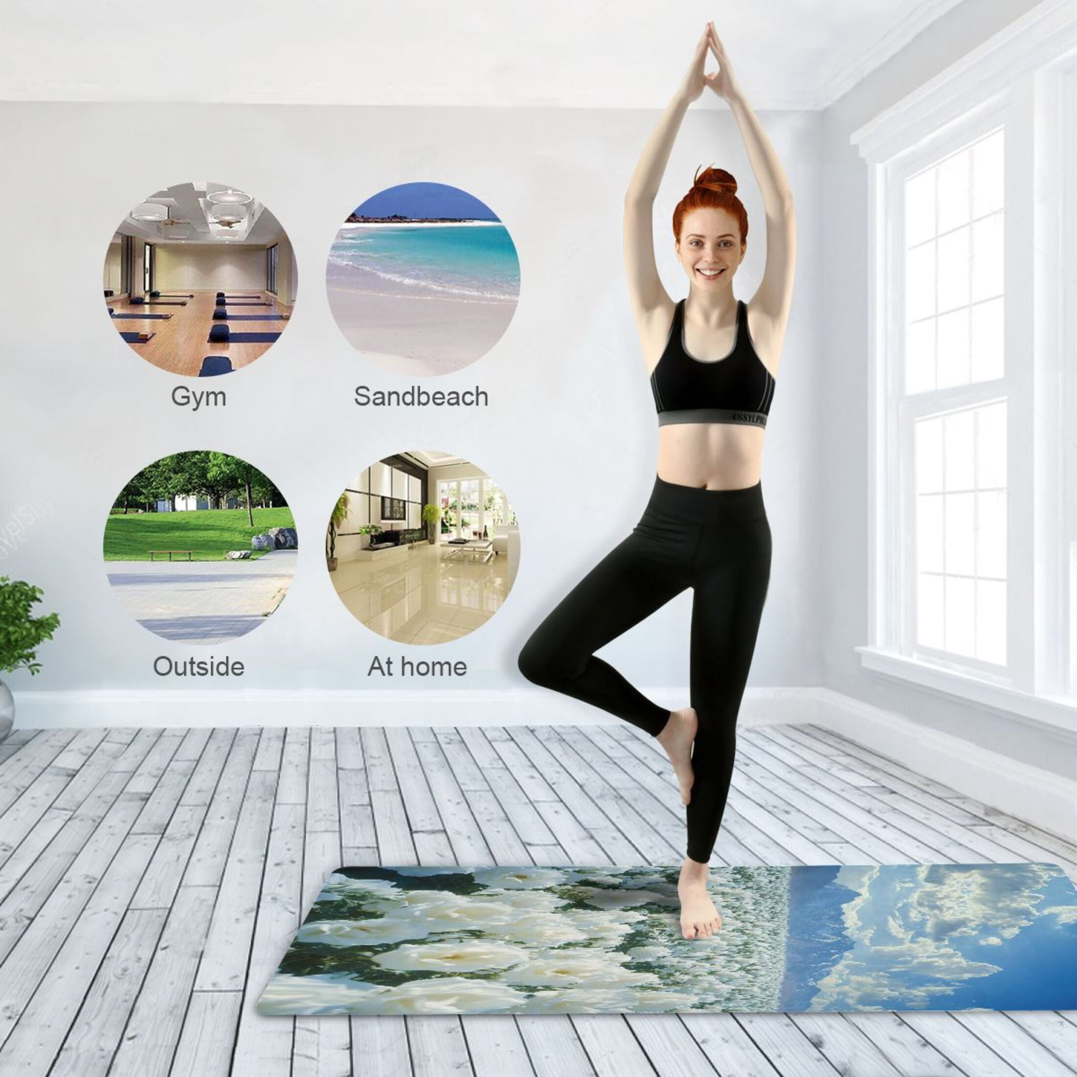BZSMCE Yoga Mat Women White Roses with Mountain Backdrop Fitness Mat