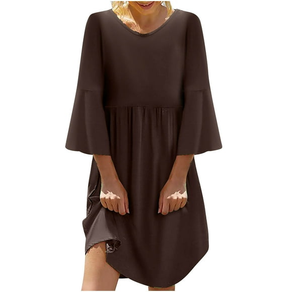 Meichang Women's Casual Cotton Linen Dresses 3/4 Bell Sleeve Solid Shirt Dresses Plus Size Loose Fit Pleated Mini Dresses Lightweight Comfy Work Dresses Coffee M
