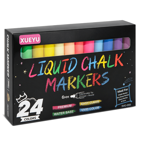 Xueyu Chalk Markers, 24 Colors Liquid Chalk Markers, Dry Erase Marker for Chalkboard, Signs, Windows, Blackboard, Glass, Mirrors, Reversible Tip(Multicolored, 6mm)