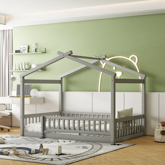 Full Size House Bed Solid Wood Floor Bed Frame with Fence Guardrails and Roof Montessori Bed Playhouse Bed for Children Girls and Boys, Gray