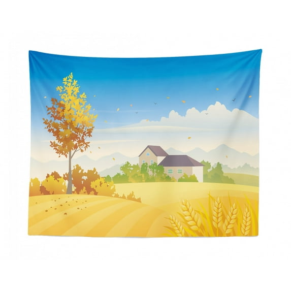 Harvest Tapestry, Hand Drawn Like Rural Landscape Illustration with Fields in Autumn, Fabric Wall Hanging Decor for Bedroom Living Room Dorm, 2 Sizes, Pale Blue and Multicolor, by Ambesonne