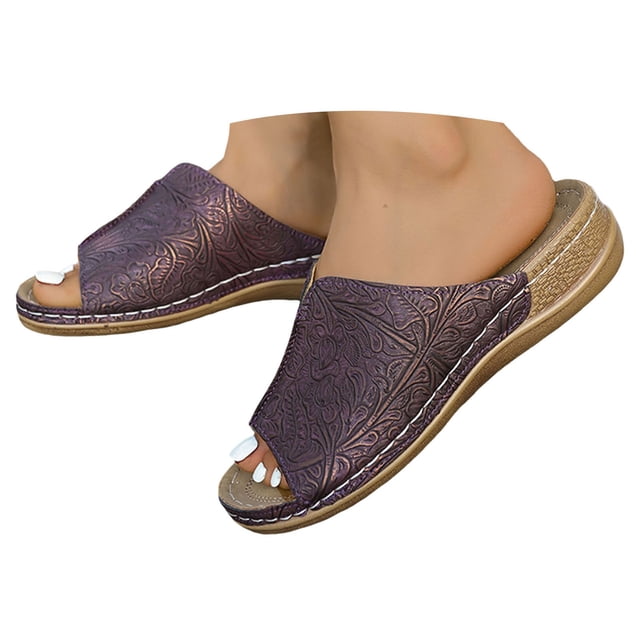 IUJSOY Sandales à Talon Compensé Rétro à Imprimé pour Femmes, Bout Ouvert, Soutien de la Voûte Plantaire, Chaussures Décontractées d'Été
