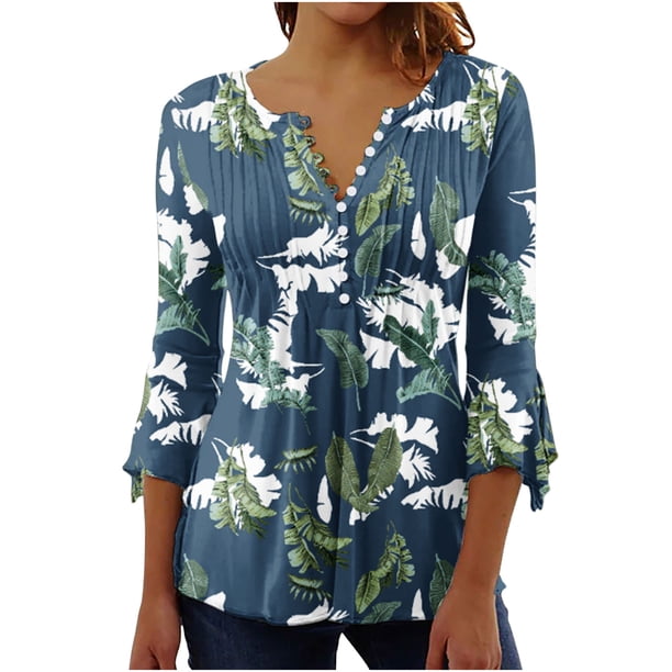 Blusa de verano para mujer con estampado de pliegues sexy y mangas 3/4 con cuello en V y botones OAVQHLG3B Store lin121212
