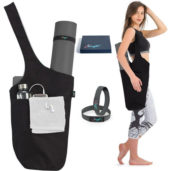 Zenifit Yoga Mat Bag, Long Tote with Pockets for Your Yoga Accessories, Yoga Bag with Bonus Yoga Mat Strap Elastics, Holds Your Pilates Mat, Color: Full Black Yoga Mat Carrier