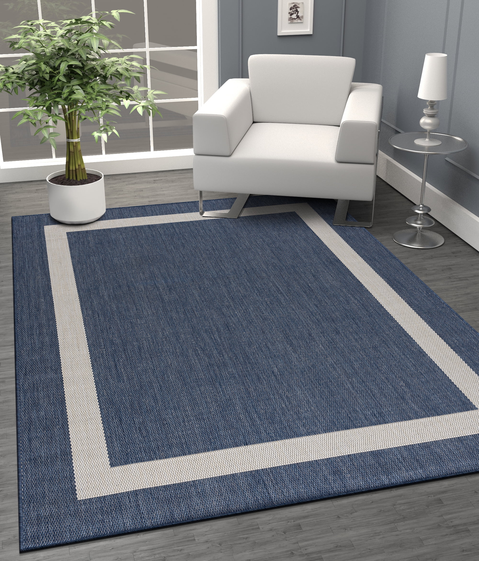 CAMILSON Bordered Washable Indoor Outdoor Area Rug Blue 9 x 12