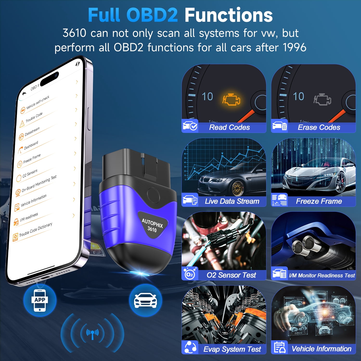 Autophix 3610 Wireless Bluetooth OBD2 Scanner Fits for VW Audi Skoda Seat Cars Scan Full-System Car Code Reader OBD2 Scanner with EPB Service Reset Throttle Learning for VAG Vehicles Diagnostic Tool