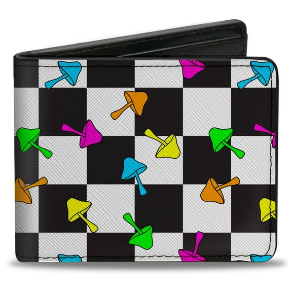 Buckle-Down Wallet, Bifold, Mushrooms Scattered Checker Black White Multi Neon, Vegan Leather