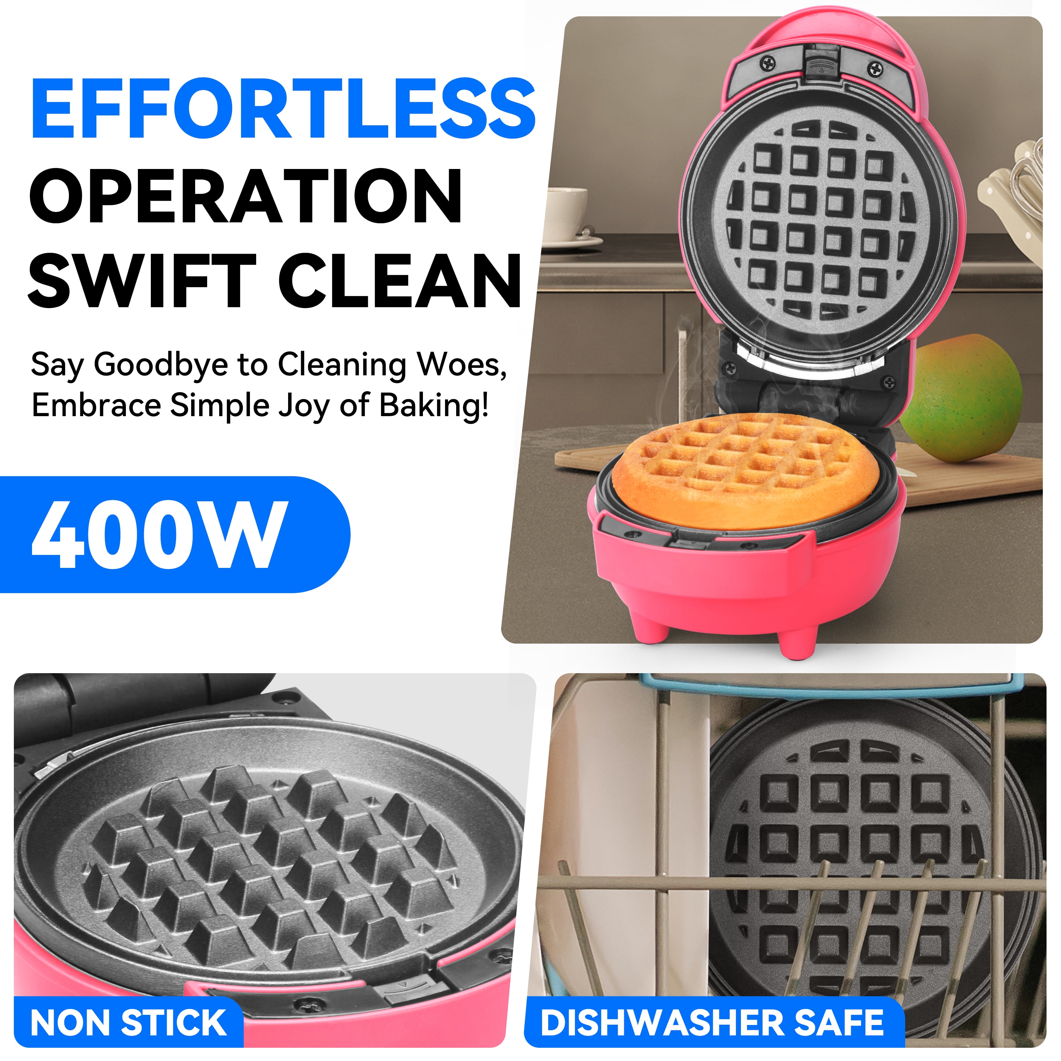 Mailand 4-in-1 Small Waffle Maker, Waffle Iron Mini with  Removable Plates(Pancake, Donuts, Heart Shape Waffle & Round Waffle), Red