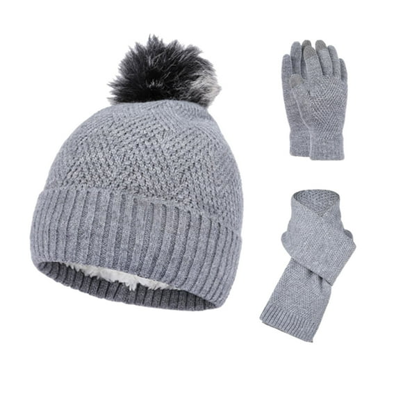 Outfmvch Beanie For Women Hat And Scarf Set For Women Wool Ball Plush Knitted Hat Three Piece Suit Wool Knitted Warm Gloves Hat Scarf Three Piece Suit Gloves Gray One Size