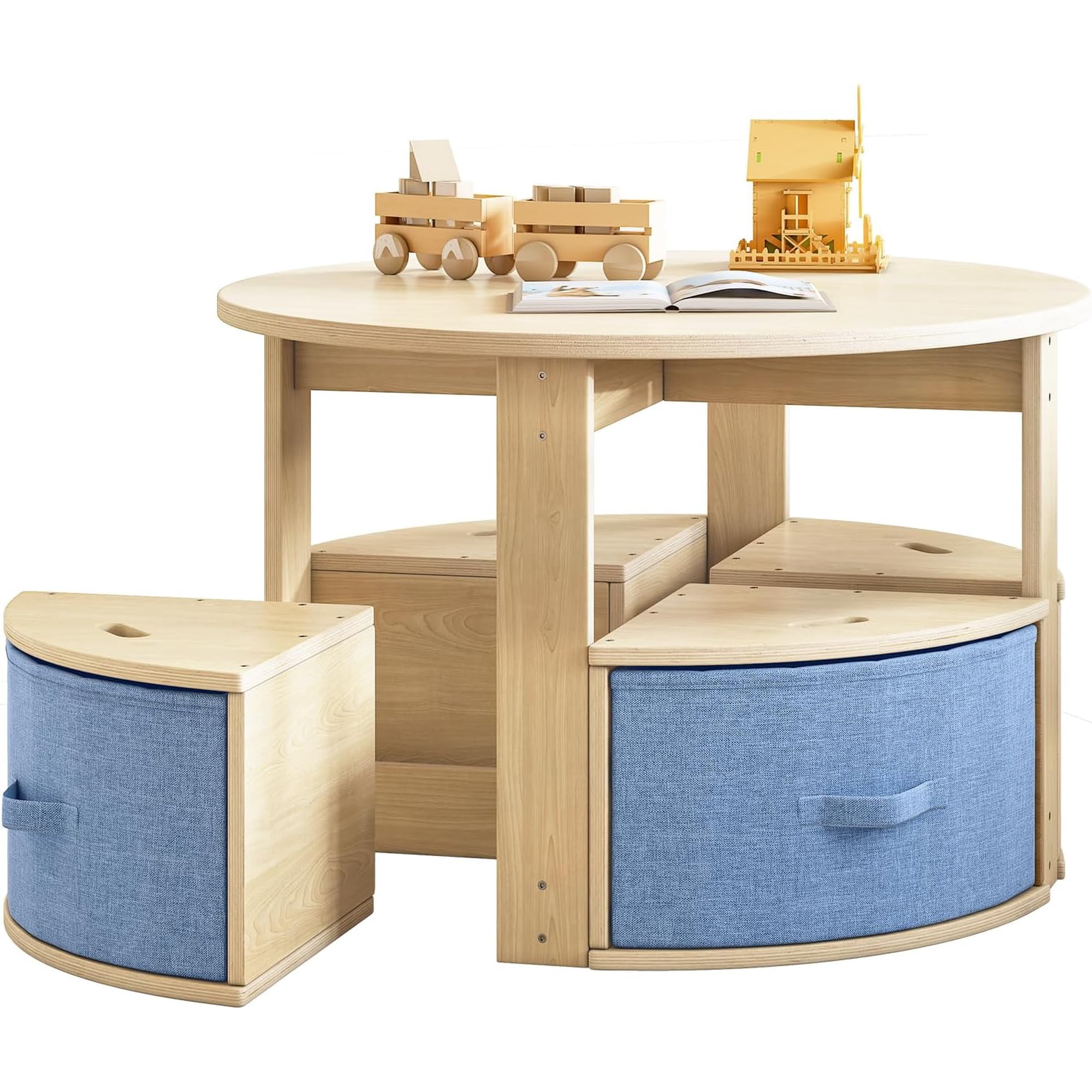 Round Kids Table and 4 Chairs Set – Toddler Activity Table with Storage Bins Under Each Seat Wooden Play Table for Art Reading & Snacks Space-Saving Children Furniture (Burlywood)