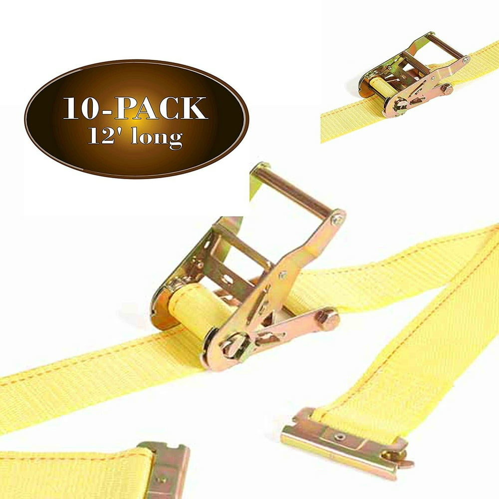 10 E Track Ratcheting Straps Cargo TieDowns, 2 x 12 Heavy Duty Yellow