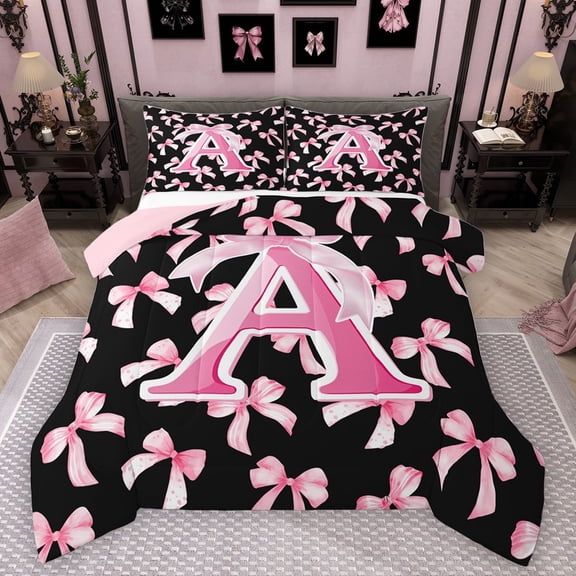 Manfei Letter Monogrammed A Bedding Comforter Set 2pcs for Boys Girls,Kawaii Ribbon Bow Twin Comforter Sets Microfiber,Dreamy Princess Breathable Bedding Set,Lightweight Room Decor,Reversible
