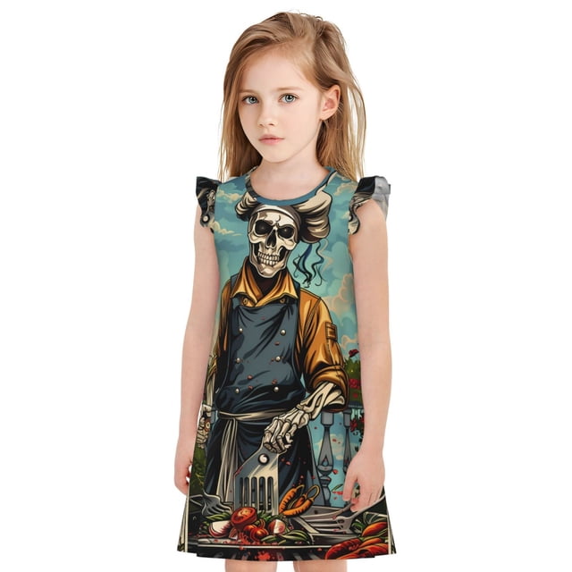 Fotbe Skeleton Chef BBQ Scene Vestido de Dormir para Niñas de 3 a 10 Años, Mangas Cortas, Estilo Princesa, Pijama Camisón con Mangas Voladas-Large