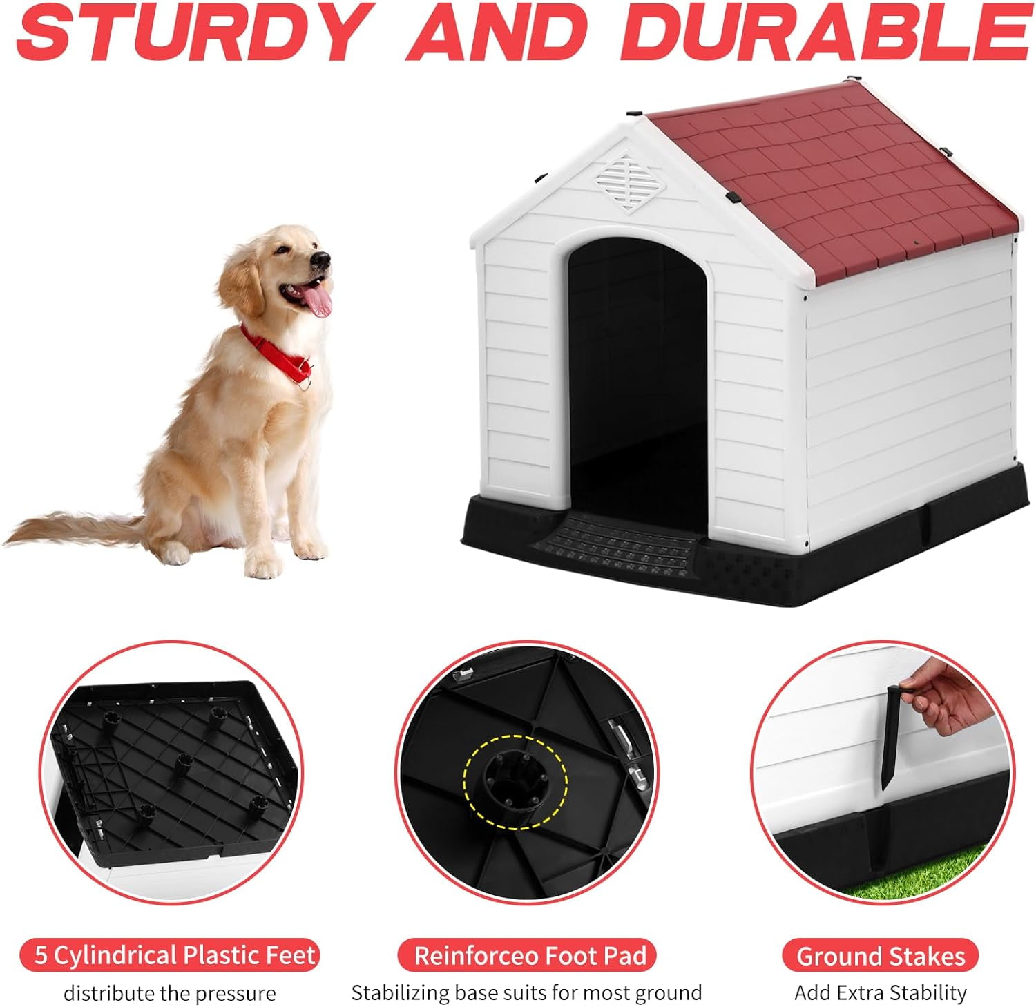 Dkelincs 28 inch Durable Plastic Dog House Indoor Outdoor Weatherproof Pet House with Air Vents and Elevated Floor, Red