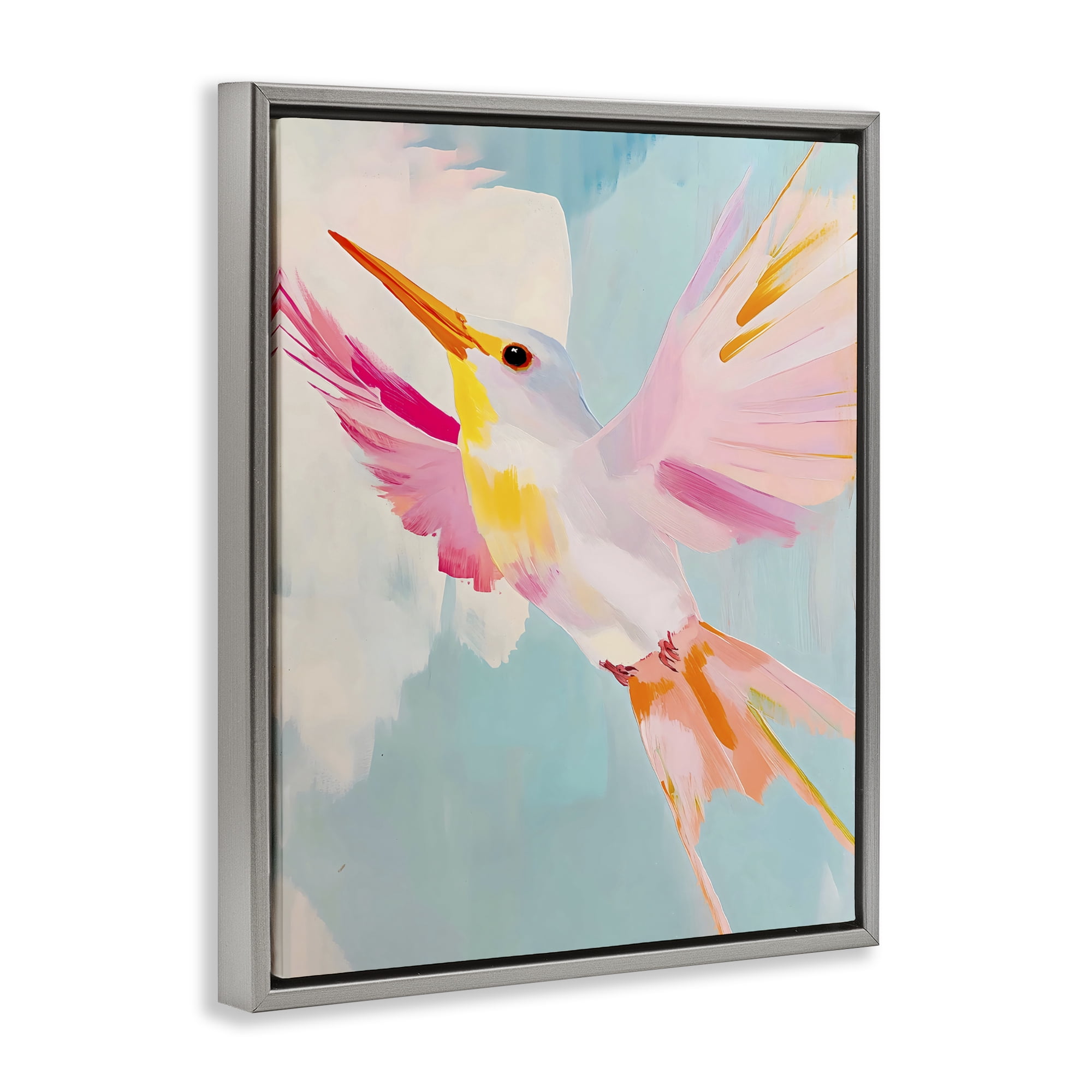Stupell Industries Pastel Hummingbird Soaring Gray Framed Floater Canvas Wall Art, design by The Prints Vibe