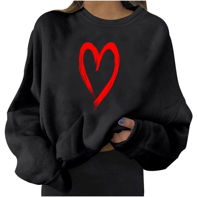Mode Automne pour Femmes Chandail en Molleton Surdimensionné Imprimé Cœur Col Rond Chandail à Manches Longues Vêtements d'Hiver