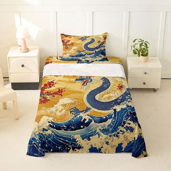 Feelyou Retro Chinese Dragon Twin Sheet Sets for Kids Boys Teens, Ukiyo Wave Blossom Bedding, Gold Blue Red, 3-Piece