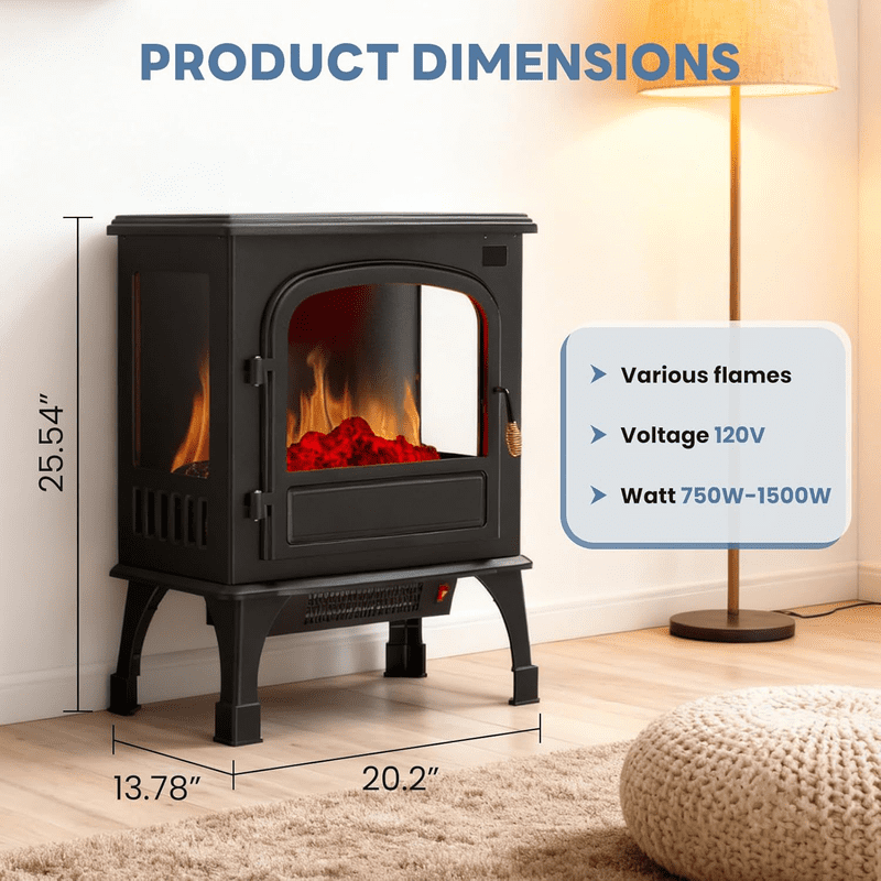 26" Electric Fireplace Freestanding Stove, 3D Flame, Remote Control, Adjustable Heat & 12H Timer, Safe & Stylish, Inky