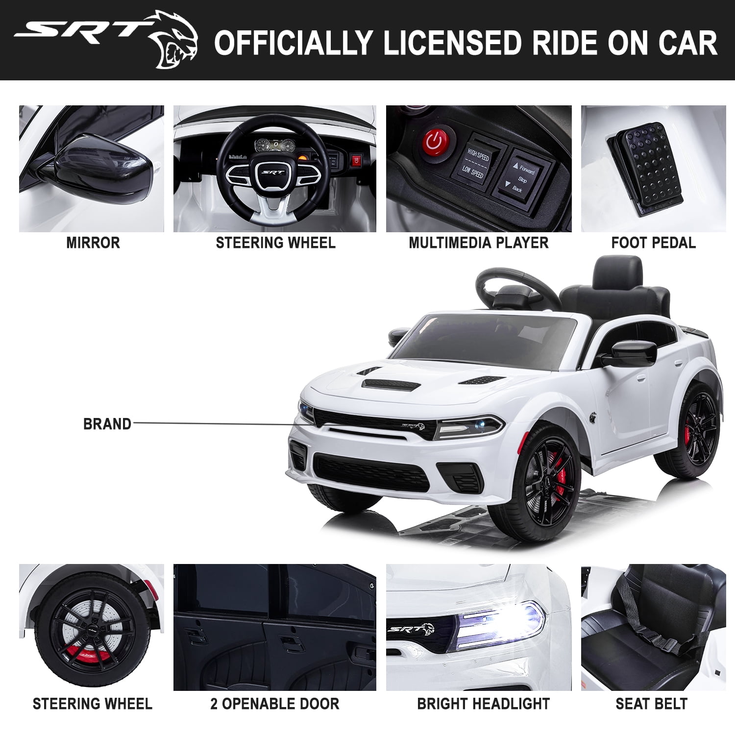 uhomepro Black 12 V Dodge Charger SRT Hellcat Battery Powered Ride on Cars with Remote Control, Bluetooth, LED Light and MP3 Player