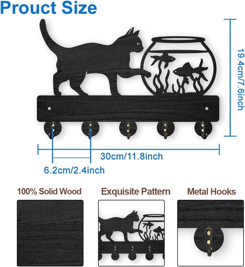 Love Cat Coat Rack Wall Mount Wooden Key Holder for Wall 11.8 5.4inch Black Cat Key Hooks 5 Alloy Hooks 4 Cats Animal Theme Wall Key Rack for Gift Front Door Hallway Office
