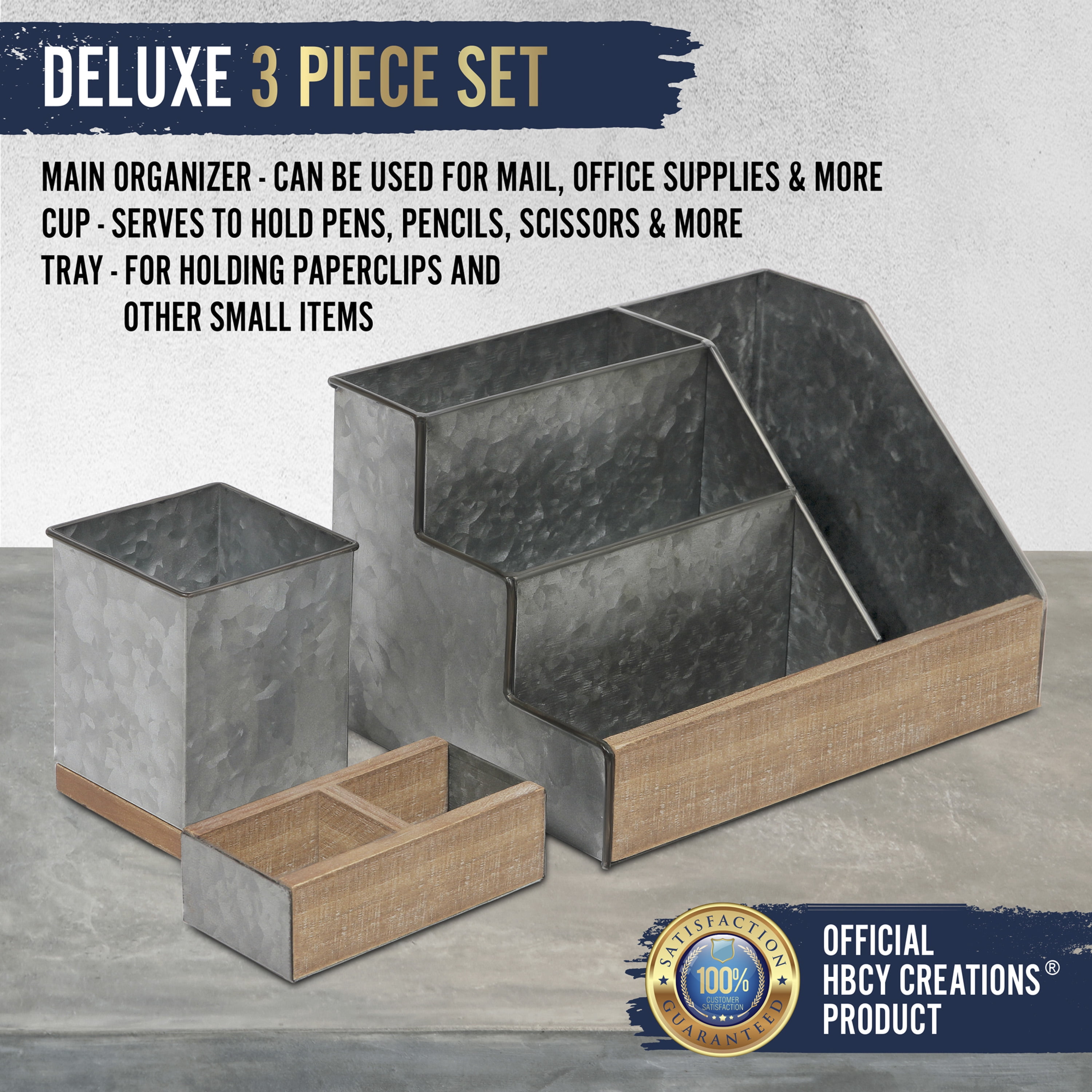 HBCY Creations 3 PIECE Galvanized Metal Desk Organizer Set- Rustic Mail Organizer For Desktop - Great For Rustic or Industrial Decor! Makeup Organizer For Vanity