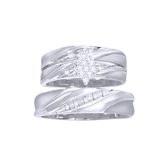 AFFY White Natural Diamond Engagement & Wedding Trio Band Ring Set In 10k White Gold (0.1 Cttw)