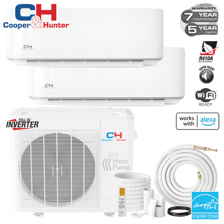 

Cooper & Hunter 18000 BTU Cover 1000 sq ft Dual Zone 9K+12K Wi-Fi Ready Mini Split Air Conditioner Heat Pump Kit