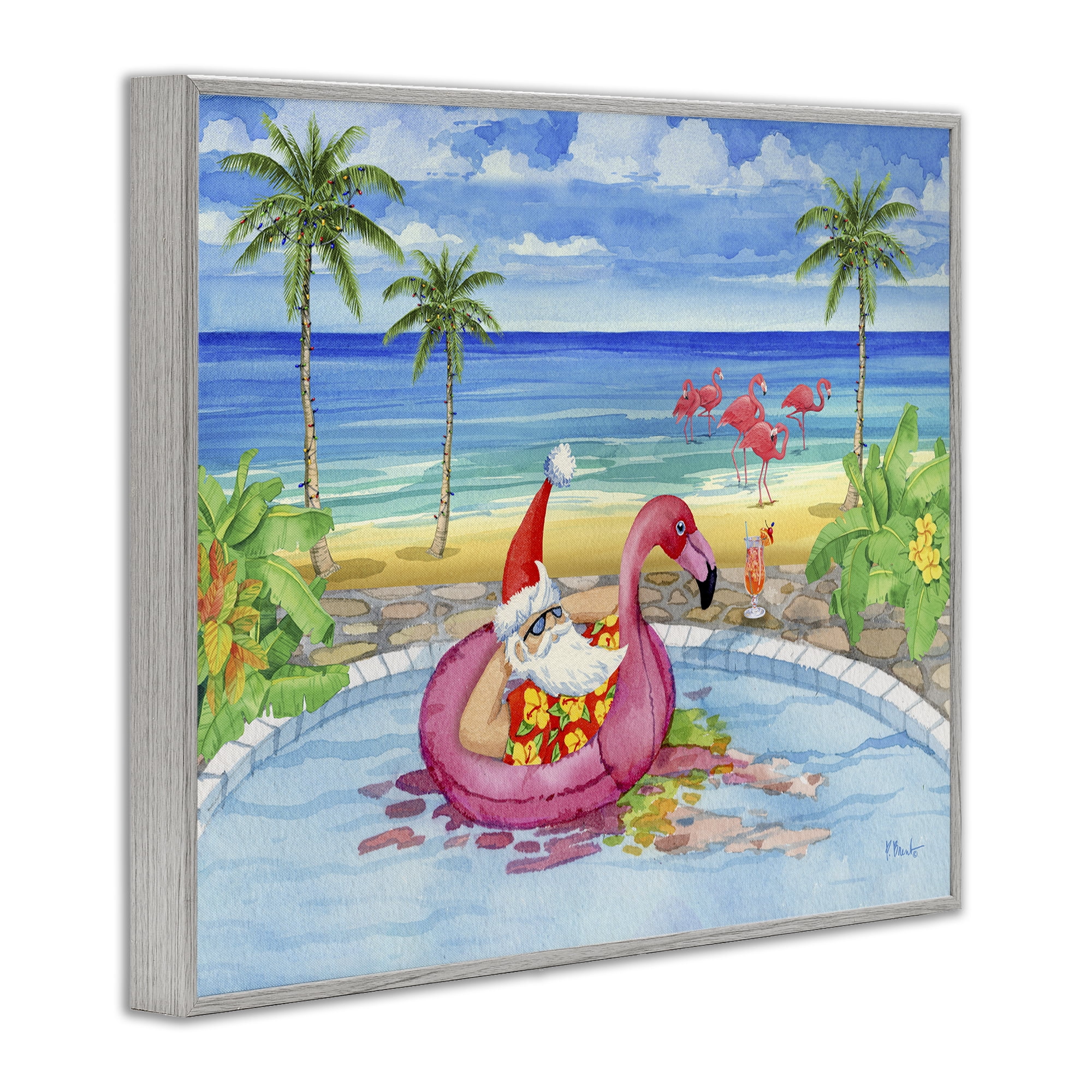Stupell Industries Santa with Pool Float Holiday Painting Gray Framed Art Prints Wall Art, 14 x 11