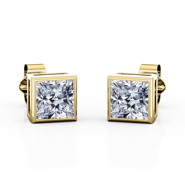 JeenMata Aros Solitarios de Moissanita en Forma de Princesa de 1 Quilate con Engaste en Bisel en Baño de Oro Amarillo de 18 K sobre Plata