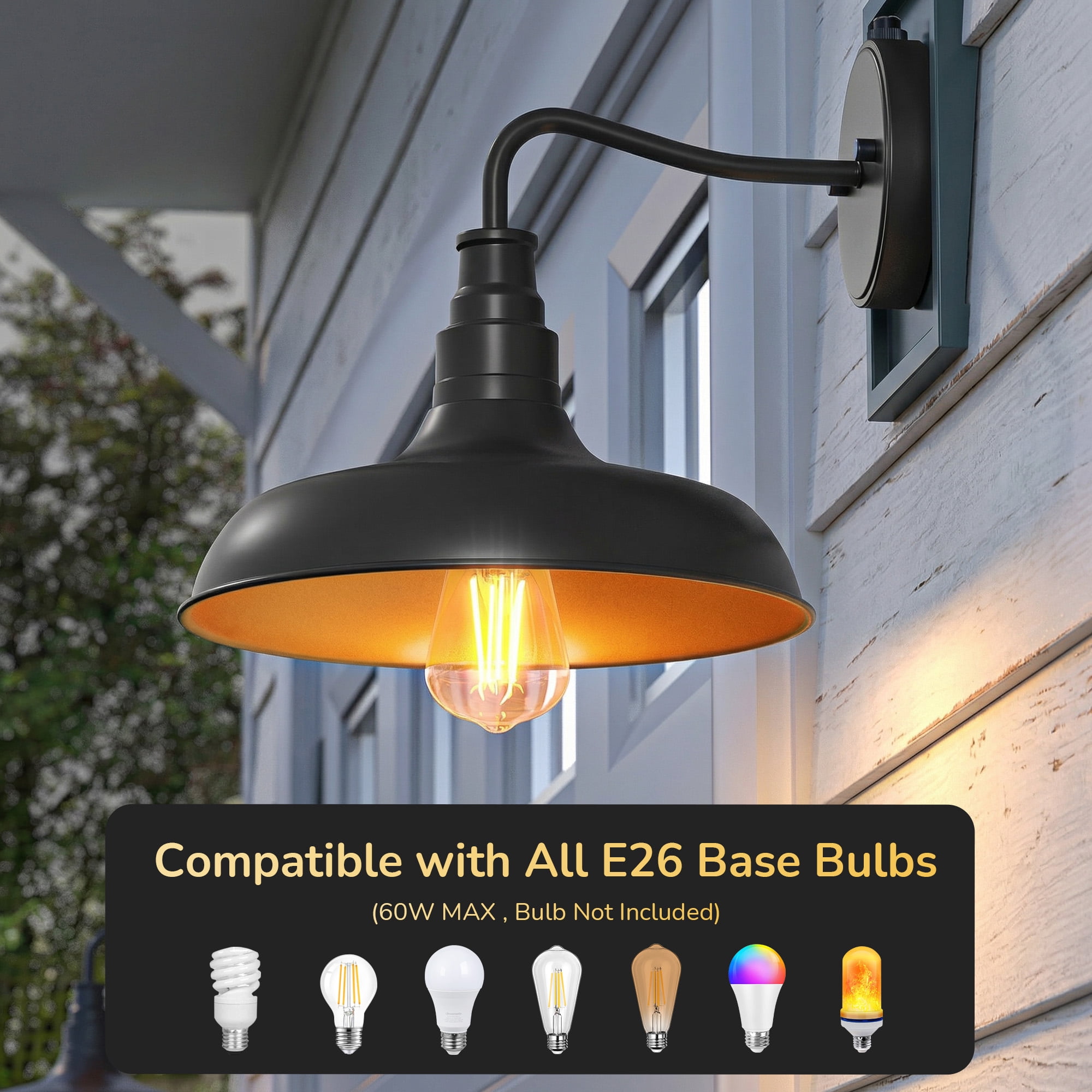 EDISHINE Dusk to Dawn Outdoor Barn Light, Gooseneck Wall Sconce E26, Hardwired Weatherproof Exterior Fixture for Porch Garage Patio Entryway, Rustproof Aluminum Black (Bulbs Not Included)