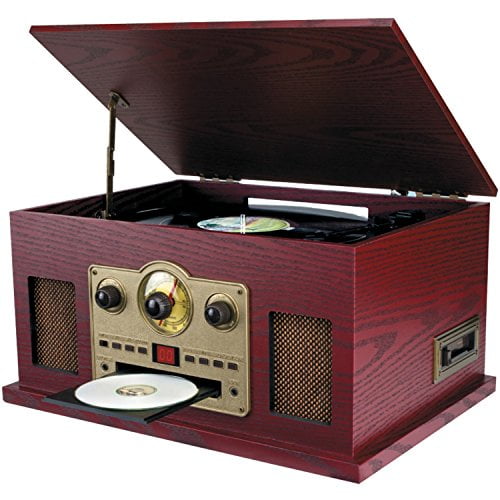Sylvania SRCD838 Tocadiscos nostálgico 5 en 1 con CD, casete, radio, entrada auxiliar, marrón
