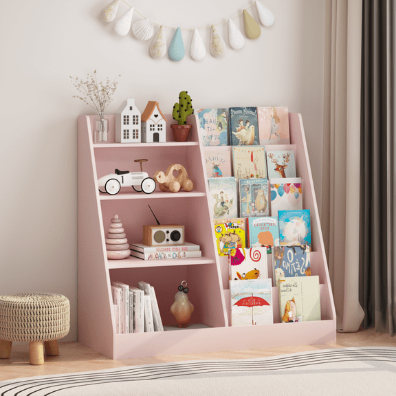 4 Tier Kids Bookshelf and Toy Storage Organizer,Multifunctional Wooden Kids Book Shelf with Bookcase Display Stand for Kids Room,Playroom,Pink