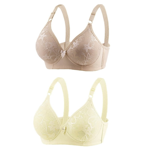 Bowake 2 Pack Wireless Full Coverage Plus Size Bras for Women Comfort Lace Bralettes Lift V Neck Bra Beige