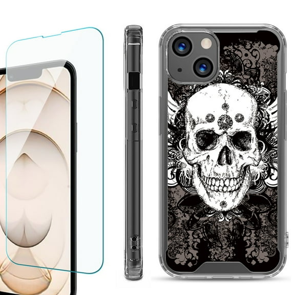 Shockproof Bumper Phone Case for iPhone 13, with Tempered Glass Screen Protector, by OneToughShield ® - Grunge Skull