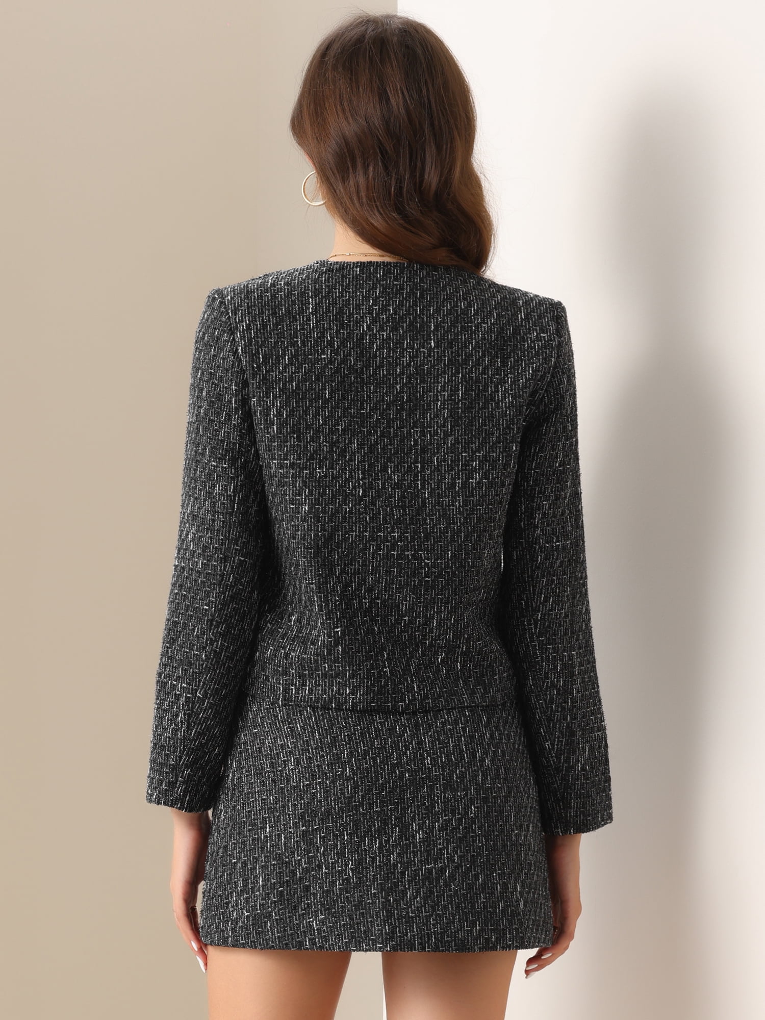 DARING DIVA 2Pcs Women's Elegant Business Blazer Skirt Tweed Suit Set L Black