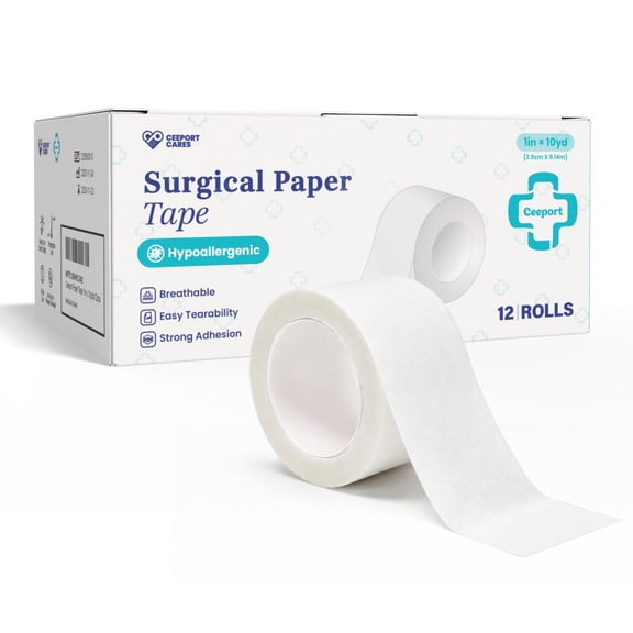 Ceeport Paper Surgical Tape 12 Rolls, 1" x 10 Yards Medical Paper Tape for Wound Care Latex-Free & Hypoallergenic Soft Gauze Tape
