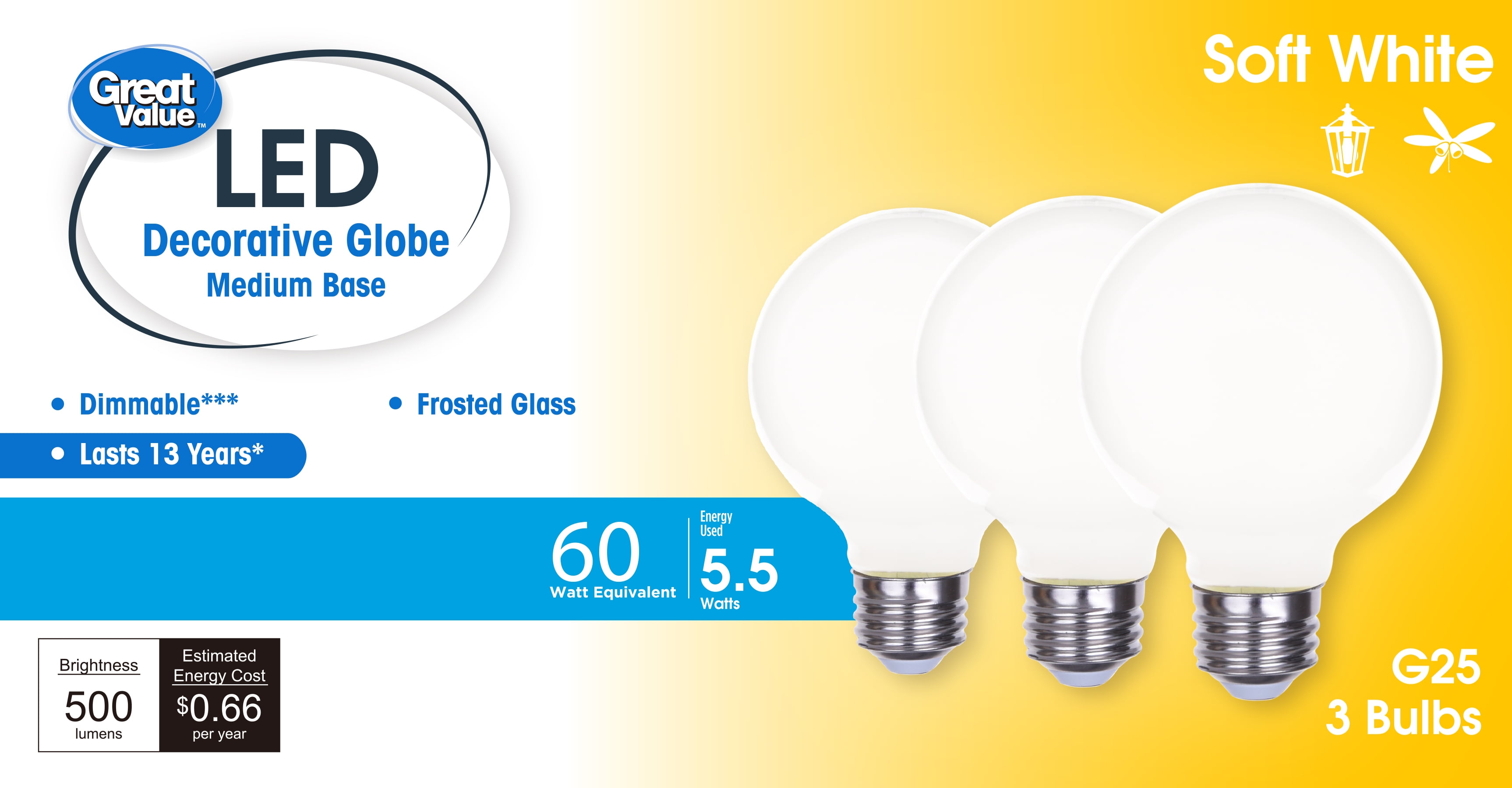 (2 pack) Great Value LED Bulb, 5.5-Watt (60W Equivalent) G25 Deco Bulbs E26 Base, Soft White, 3-Pack, CA
