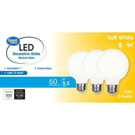Great Value LED Bulb, 5.5-Watt (60W Equivalent) G25 Deco Bulbs E26 Base, Soft White, 3-Pack, CA