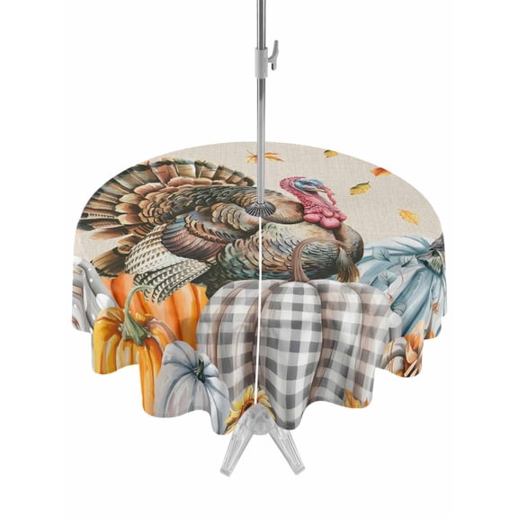 Outdoor Tablecloth with Umbrella Hole and Zipper, Thanksgiving Turkey Round Table Cloth 60 Inch Waterproof Tablecloth, Fall Pumpkins Autumn Leaves Vintage Picnic Table Cover for Patio Camping