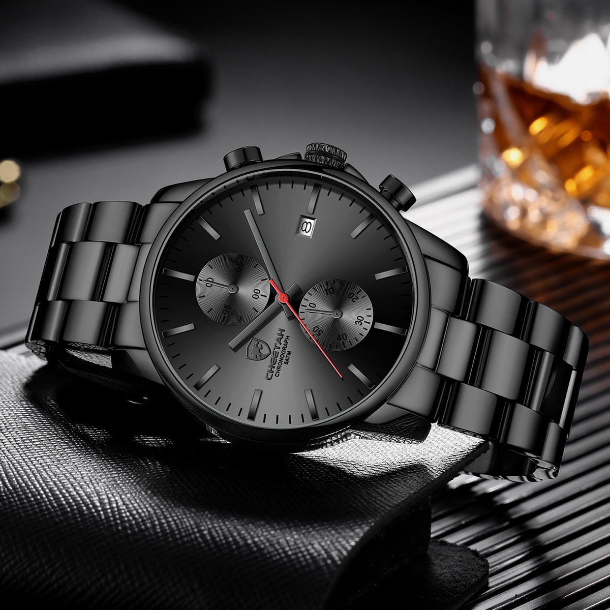 CHEETAH Fashion Business Mens Watches with Stainless Steel Waterproof Chronograph Quartz Watch for Men,Auto Date,Black&Red&Black