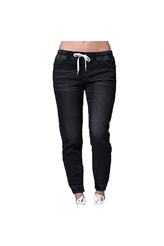 Women's Leggings High Waist Drawstring Denim Jeans Tapered Joggers Skinny Stretch Plus Size Pants with Pockets Black XXXXL