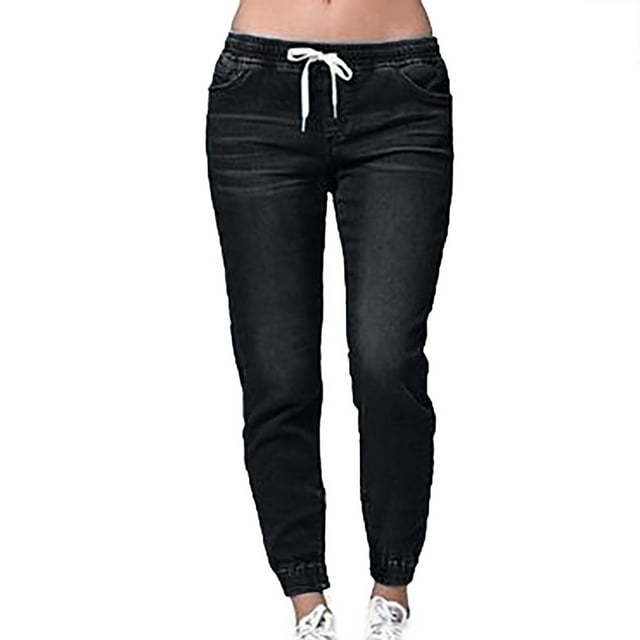 JMYHOAM Jeans pour Femmes Lacets Haute Élasticité Grande Taille Lavé et Jambe Fermée Pantalon en Denim Décontracté