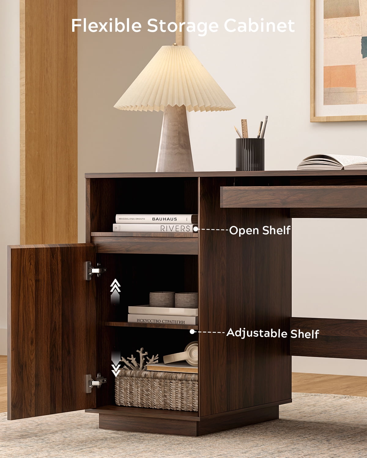 EYYTHUNG 59" Farmhouse Computer Desk, Wide Home Executive Desk with File Drawer & Open Storage & Power Outlet, Wooden Office Desk, Brown