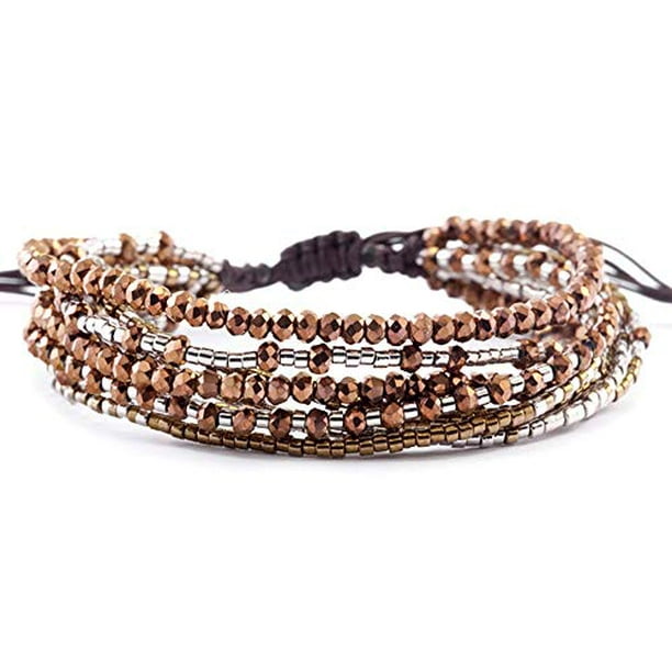 Brown and Silvertone Mix Seed Beaded Multi Strand Slip Knot